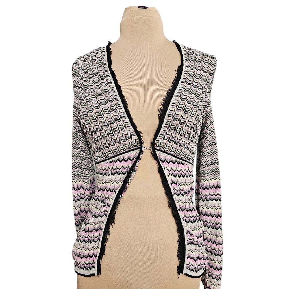 Nick & Me Pink Chevron Zigzag Knit Cardigan Fringe Size M Chic Layer Office Boho